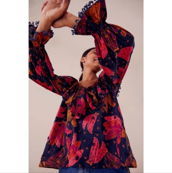 Farm Rio Bananas Patchwork Shirt Ruffled Oversized M - Picture 2 of 8